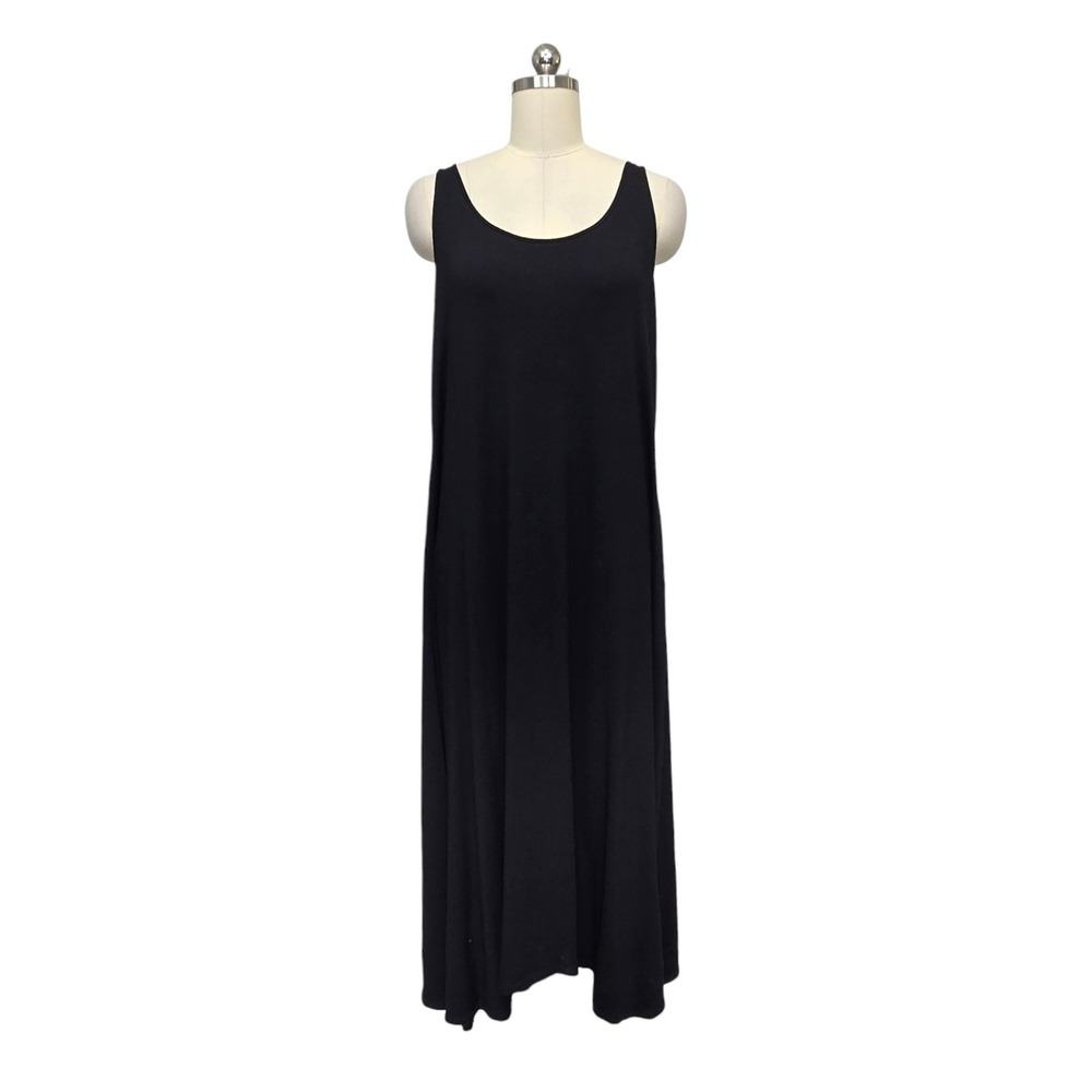 Eileen Fisher Black Rayon Lycra Sleeveless Scoop Neck Maxi Dress Relaxed Fit